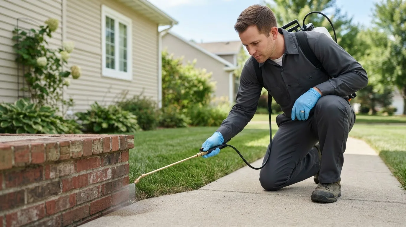 Pest control technician treating a home near Rio, IL