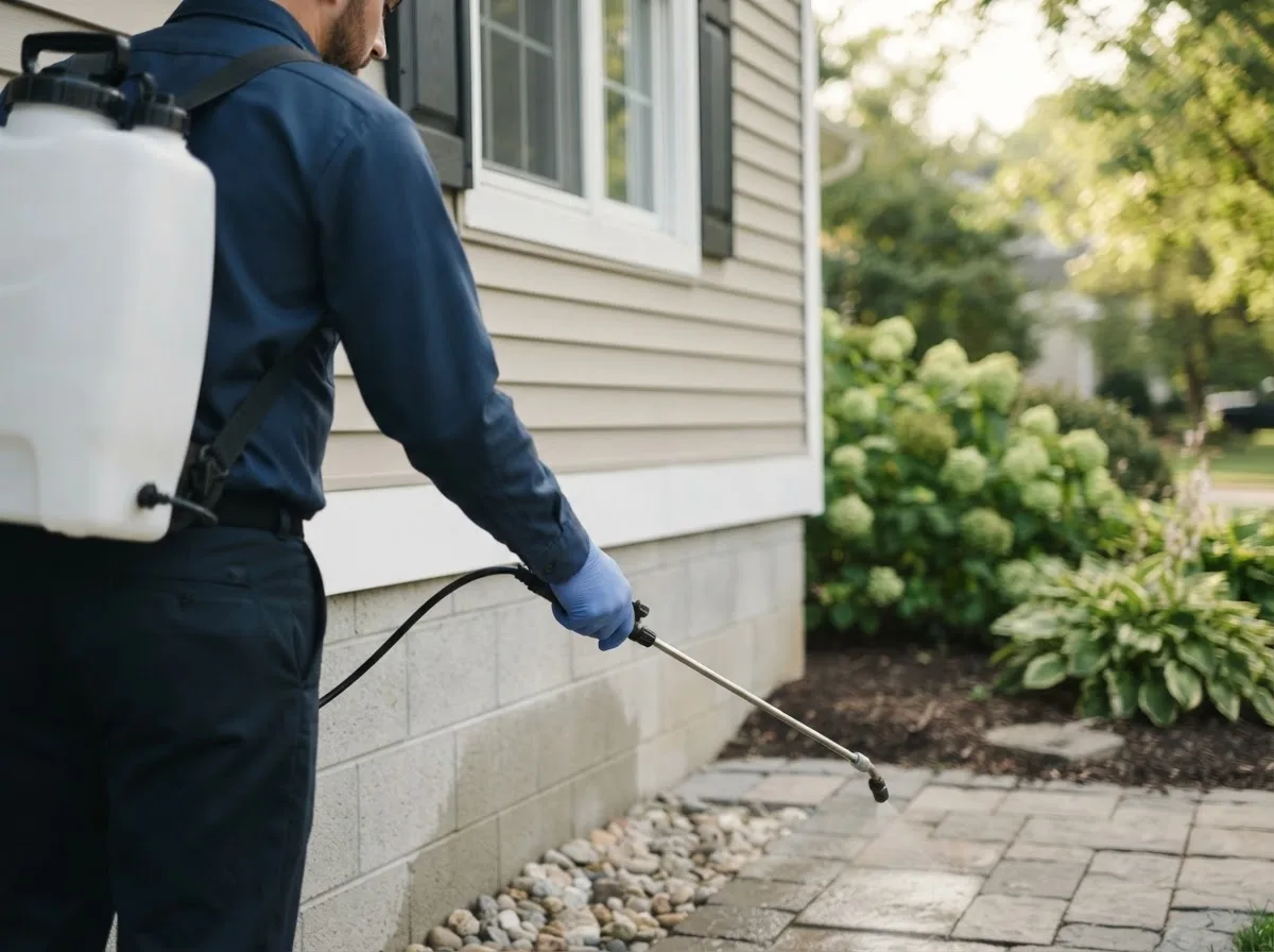 Pest control technician inspecting a home in Rio, IL